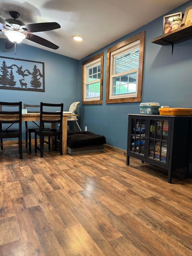 1775 Shoshoni Dr, Circleville, OH 43113 - dining area featuring wood finished floors, a ceiling fan, and recessed lighting