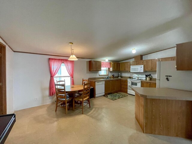 902 State Route 61 Lot # 92, Marengo, OH 43334 - kitchen with white appliances, a sink, pendant lighting, brown cabinets, and light countertops