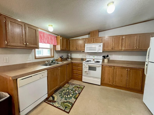 902 State Route 61 Lot # 92, Marengo, OH 43334 - kitchen with white appliances, a sink, brown cabinets, a textured ceiling, and lofted ceiling
