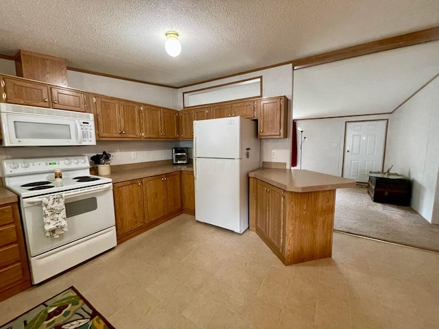 902 State Route 61 Lot # 92, Marengo, OH 43334 - kitchen featuring white appliances, a peninsula, brown cabinetry, a textured ceiling, and light countertops