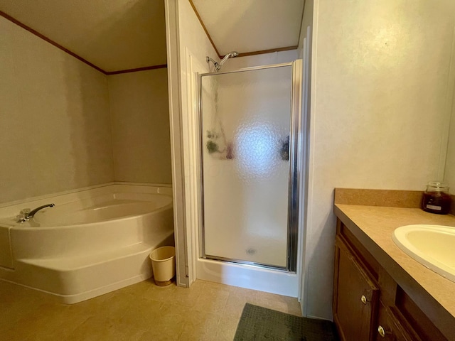902 State Route 61 Lot # 92, Marengo, OH 43334 - bathroom with a shower stall, a bath, vanity, tile patterned floors, and ornamental molding