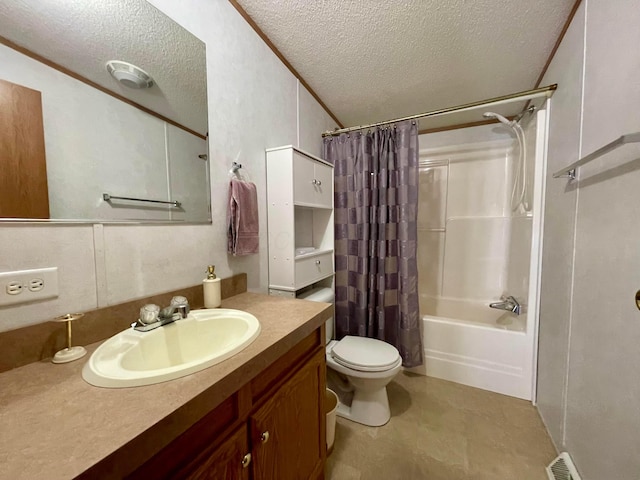 902 State Route 61 Lot # 92, Marengo, OH 43334 - bathroom featuring a textured ceiling, vanity, shower / bathtub combination with curtain, and toilet
