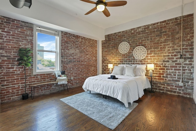 432 E Rich St Unit 4A, Columbus, OH 43215 - bedroom featuring brick wall, wood finished floors, and ceiling fan