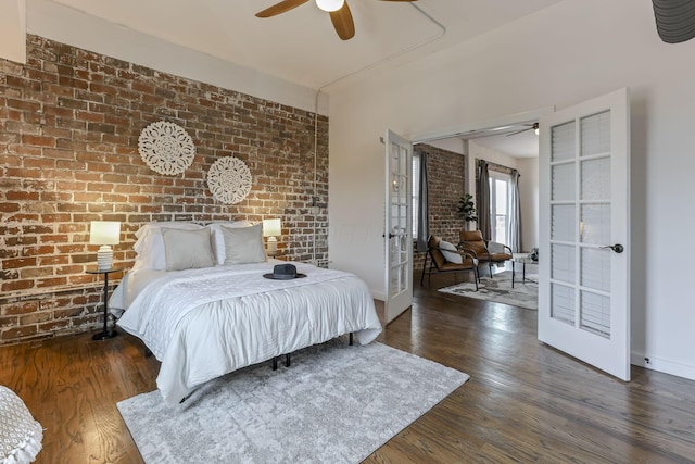 432 E Rich St Unit 4A, Columbus, OH 43215 - bedroom featuring brick wall, wood finished floors, french doors, and ceiling fan