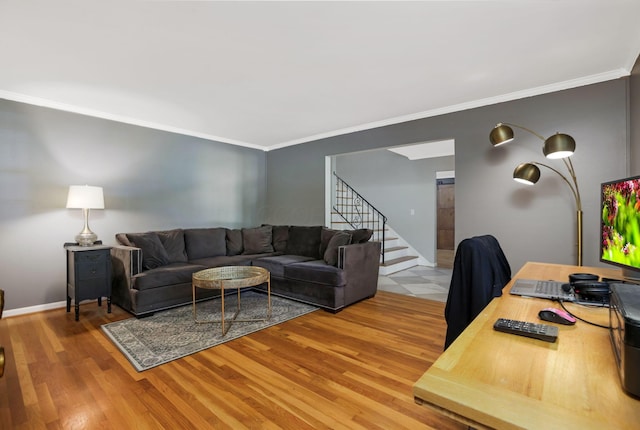 4286 Evansdale Rd, Columbus, OH 43214 - living room with stairway, light wood-style floors, and ornamental molding