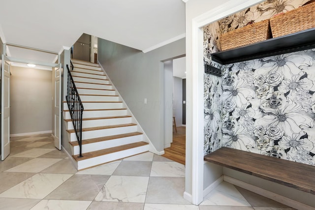 4286 Evansdale Rd, Columbus, OH 43214 - stairway featuring ornamental molding and baseboards