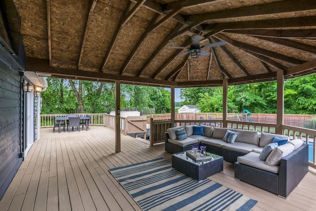170 Nantucket Ave, Pickerington, OH 43147 - wooden terrace with outdoor dining space, a ceiling fan, outdoor lounge area, a fenced backyard, and a gazebo