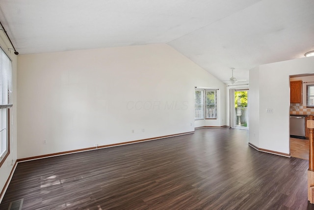 2147 Juneau Way, Grove City, OH 43123 - unfurnished living room with a ceiling fan, dark wood-style flooring, and lofted ceiling