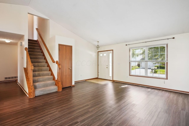 2147 Juneau Way, Grove City, OH 43123 - unfurnished living room with stairway, dark wood-type flooring, and high vaulted ceiling