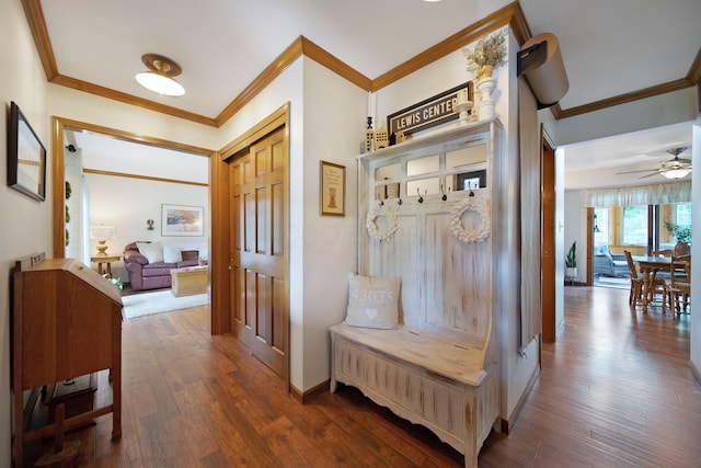 3040 Atoll Dr, Lewis Center, OH 43035 - mudroom featuring ornamental molding, dark wood-style floors, and a ceiling fan