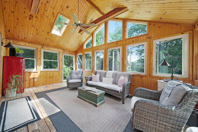 3040 Atoll Dr, Lewis Center, OH 43035 - sunroom with lofted ceiling, a skylight, wooden walls, wood finished floors, and wood ceiling