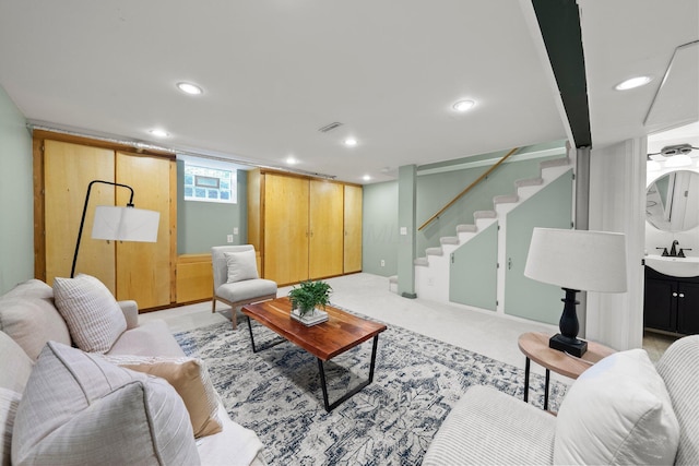 1831 NW Blvd Unit B, Columbus, OH 43212 - living area featuring stairs, light carpet, and recessed lighting