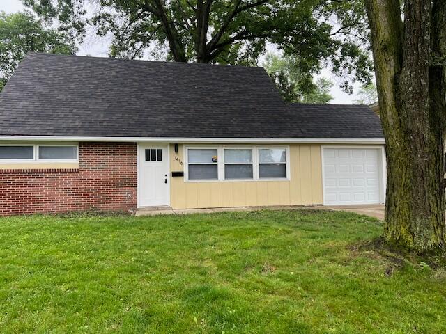1416 Benson Dr, Columbus, OH 43227 - view of front of house featuring a shingled roof, a front lawn, a garage, and brick siding