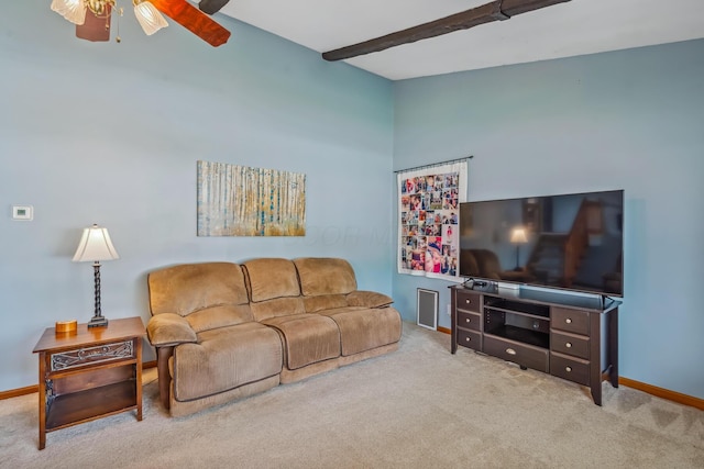5452 Roche Ct W, Columbus, OH 43229 - living area with carpet flooring, a ceiling fan, and beam ceiling