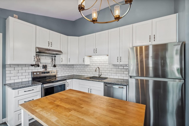 5452 Roche Ct W, Columbus, OH 43229 - kitchen featuring appliances with stainless steel finishes, under cabinet range hood, a chandelier, wooden counters, and backsplash