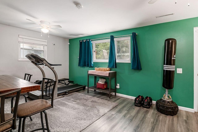 6563 Karl Rd, Columbus, OH 43229 - workout area featuring ceiling fan and wood finished floors