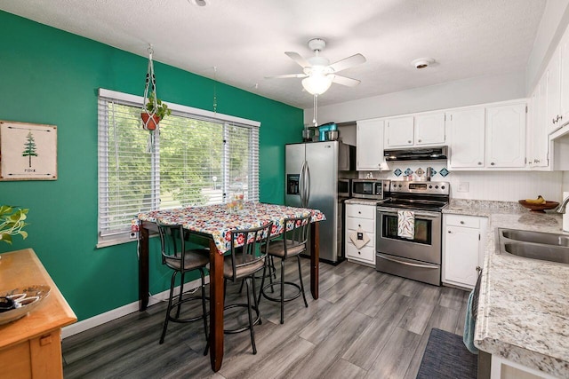 6563 Karl Rd, Columbus, OH 43229 - kitchen with appliances with stainless steel finishes, under cabinet range hood, wood finished floors, white cabinetry, and a textured ceiling