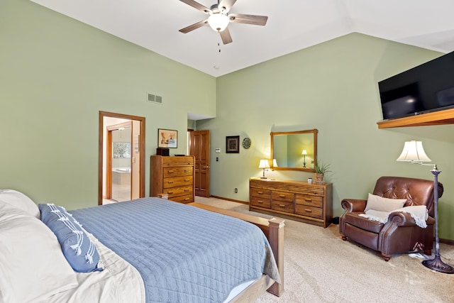 5839 Ketch St, Lewis Center, OH 43035 - bedroom featuring high vaulted ceiling, light carpet, connected bathroom, and a ceiling fan