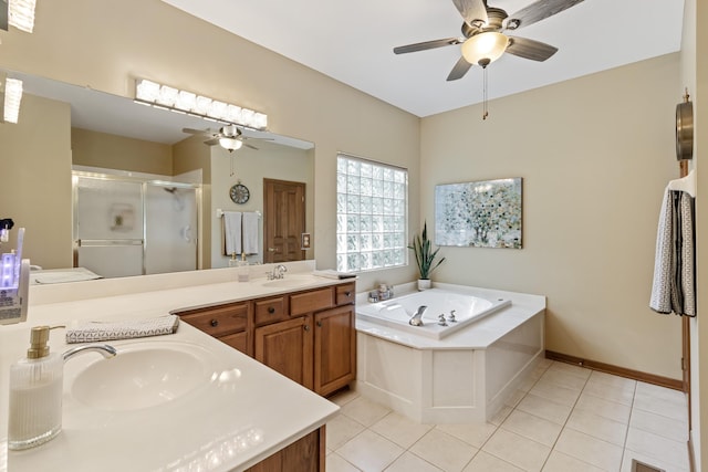 5839 Ketch St, Lewis Center, OH 43035 - full bathroom with a ceiling fan, double vanity, a stall shower, and tile patterned floors