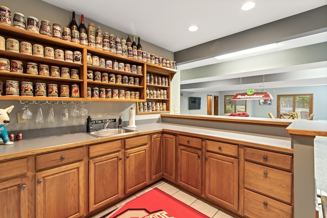 5839 Ketch St, Lewis Center, OH 43035 - bar with light tile patterned floors, recessed lighting, and hanging light fixtures
