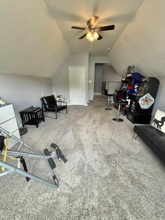 2210 Tournament Way, Grove City, OH 43123 - workout room featuring lofted ceiling, ceiling fan, carpet flooring, baseboards, and a textured ceiling