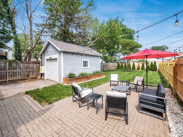 1368 Elmwood Ave, Columbus, OH 43212 - fenced backyard with an outdoor structure, driveway, a detached garage, outdoor lounge area, and a patio