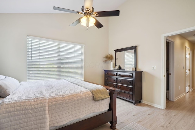5535 Village Xing, Hilliard, OH 43026 - bedroom with light wood finished floors, ceiling fan, and high vaulted ceiling