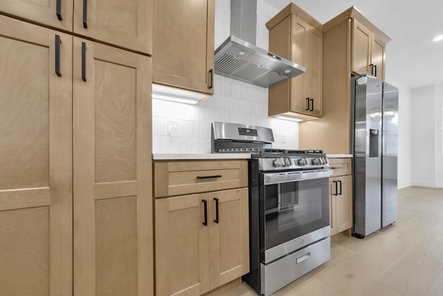 376 E Markison Ave, Columbus, OH 43207 - kitchen featuring stainless steel appliances, wall chimney exhaust hood, light brown cabinets, backsplash, and light countertops