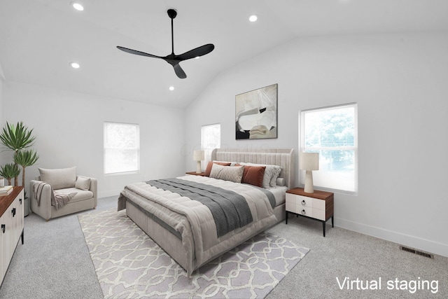 376 E Markison Ave, Columbus, OH 43207 - bedroom with multiple windows, lofted ceiling, recessed lighting, light carpet, and ceiling fan