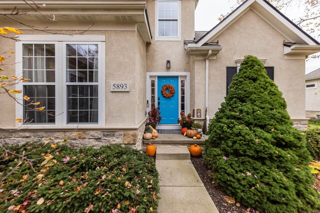 5893 Dunheath Loop, Dublin, OH 43016 - property entrance with stucco siding and stone siding