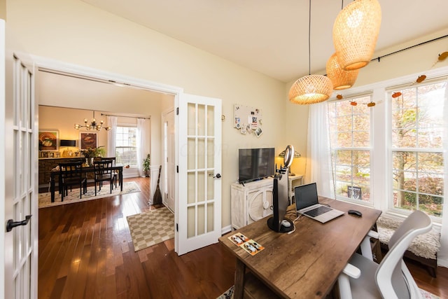 5893 Dunheath Loop, Dublin, OH 43016 - office space featuring a chandelier, french doors, and dark wood-style flooring