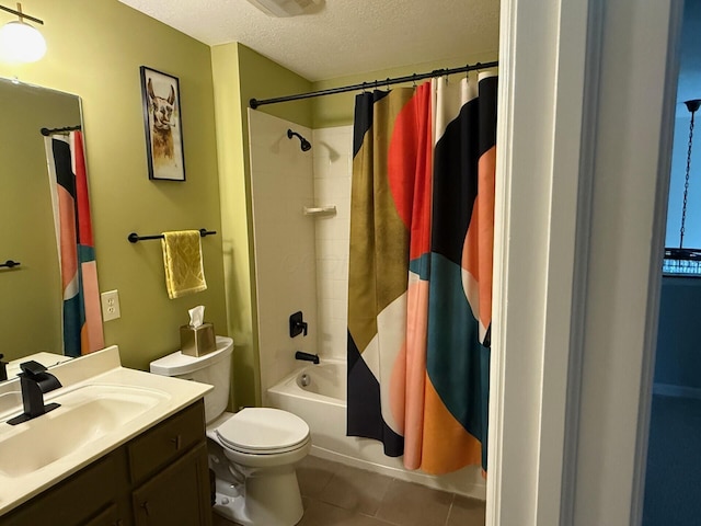 5893 Dunheath Loop, Dublin, OH 43016 - bathroom with tile patterned floors, vanity, a textured ceiling, and shower / bathtub combination with curtain