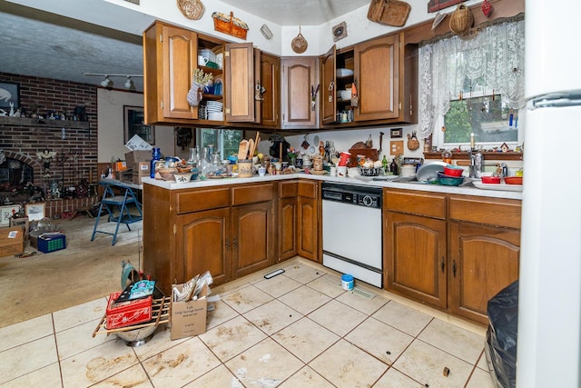 4019 Mink St SW, Pataskala, OH 43062 - kitchen with white appliances, light countertops, brown cabinetry, light tile patterned flooring, and open shelves
