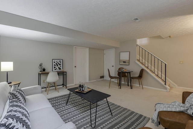 2356 Gavinley Way, Columbus, OH 43220 - living area featuring carpet floors, stairway, a textured ceiling, and baseboards
