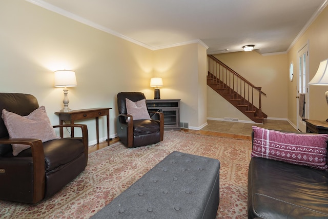 1108 Langland Dr, Columbus, OH 43220 - living room with ornamental molding, stairway, baseboards, and wood finished floors