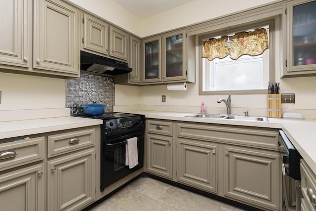 1108 Langland Dr, Columbus, OH 43220 - kitchen featuring under cabinet range hood, black electric range, a sink, and light countertops