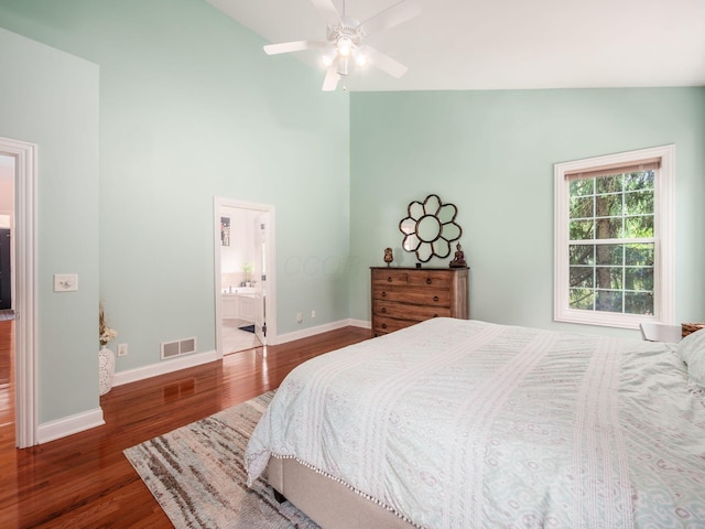 6165 Avocet Ct, Dublin, OH 43017 - bedroom featuring wood finished floors, high vaulted ceiling, ensuite bath, and a ceiling fan