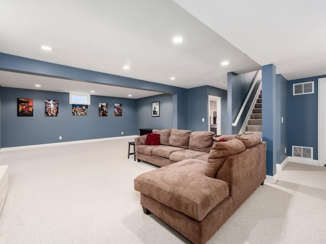 6165 Avocet Ct, Dublin, OH 43017 - living room with carpet floors, recessed lighting, and stairway