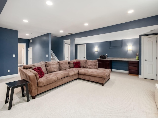 6165 Avocet Ct, Dublin, OH 43017 - living area featuring light carpet, recessed lighting, stairway, and an office area
