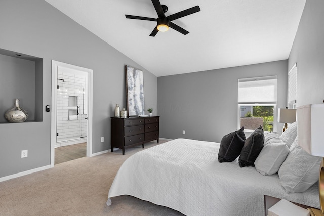 6166 Albany Crest Ave, New Albany, OH 43054 - bedroom with light carpet, vaulted ceiling, ensuite bathroom, and a ceiling fan