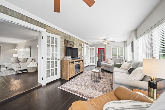 2946 Lewis Center Rd, Lewis Center, OH 43035 - living area featuring a ceiling fan, dark wood finished floors, french doors, and ornamental molding