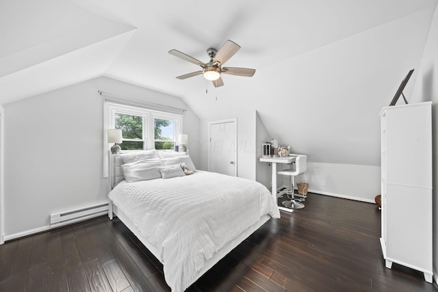 2946 Lewis Center Rd, Lewis Center, OH 43035 - bedroom with a baseboard radiator, lofted ceiling, hardwood / wood-style floors, and a ceiling fan