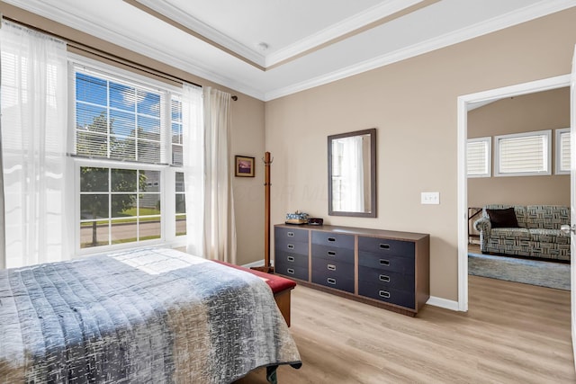 5442 Goose Falls Dr, Dublin, OH 43016 - bedroom featuring light wood-style floors, ornamental molding, and a tray ceiling