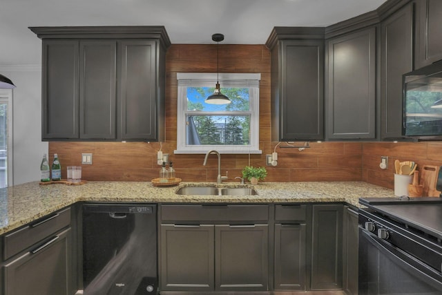 13680 Nantucket Ave NW, Pickerington, OH 43147 - kitchen with black appliances, a sink, tasteful backsplash, light stone counters, and pendant lighting