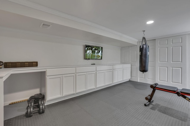 13680 Nantucket Ave NW, Pickerington, OH 43147 - workout room featuring crown molding, dark carpet, and recessed lighting