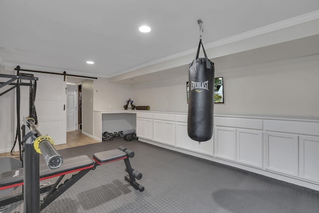 13680 Nantucket Ave NW, Pickerington, OH 43147 - workout area featuring crown molding, recessed lighting, a barn door, and baseboards