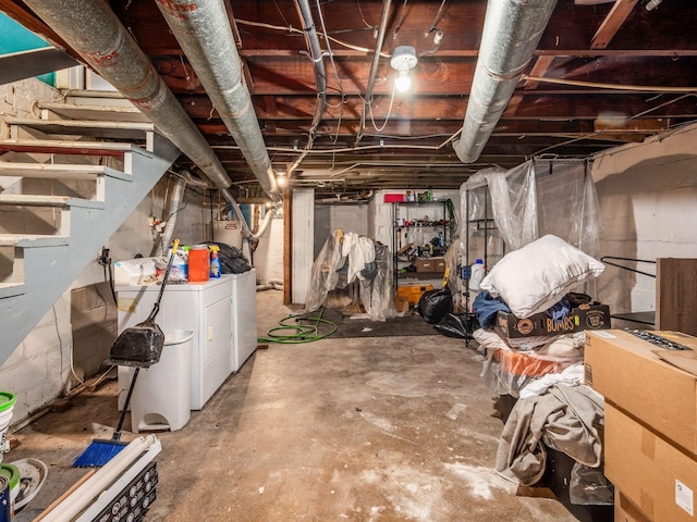 1364-1366 S 3rd St, Columbus, OH 43207 - unfinished basement featuring independent washer and dryer, water heater, and stairs