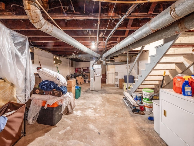 1364-1366 S 3rd St, Columbus, OH 43207 - unfinished basement featuring washer / clothes dryer, stairs, and heating unit