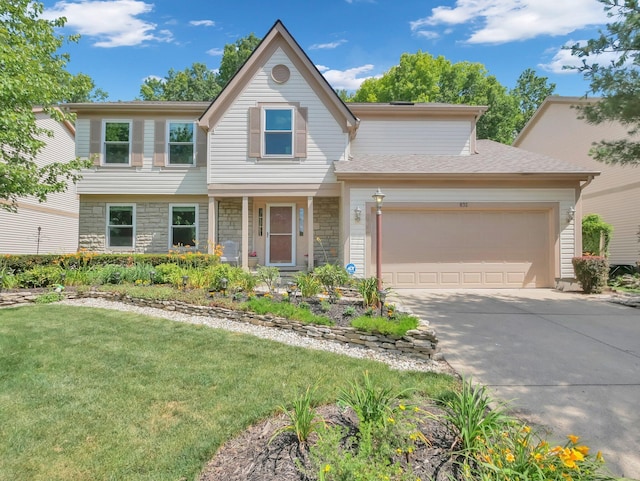 832 Lynnfield Dr, Westerville, OH 43081 - view of front of home featuring a garage, stone siding, concrete driveway, and a front lawn