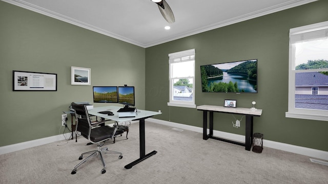 1098 Oregon Ave, Columbus, OH 43201 - office with crown molding, light colored carpet, and a ceiling fan
